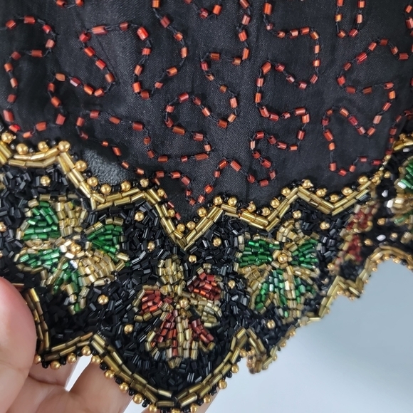Stenay Black Multi Full Beaded 100% Silk Blouse Sz L Short Sleeve Holidays Lined - Picture 5 of 12